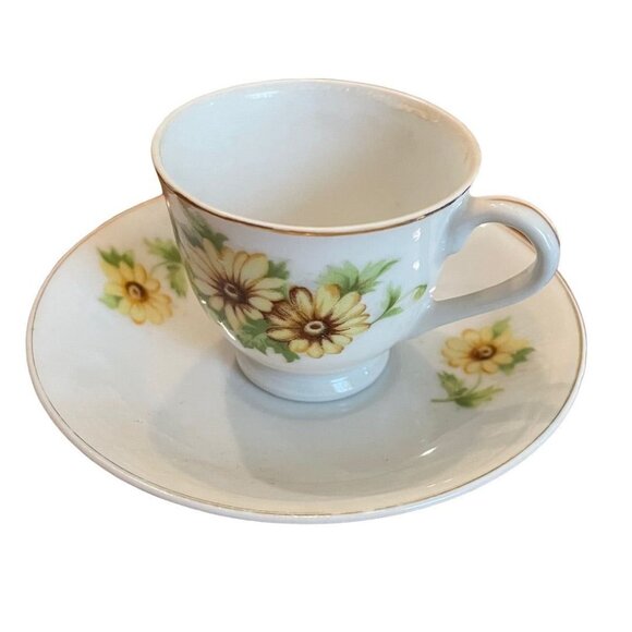 Vintage Japan Porcelain Yellow Daisy Petite Cup and Saucer Set - Picture 1 of 11